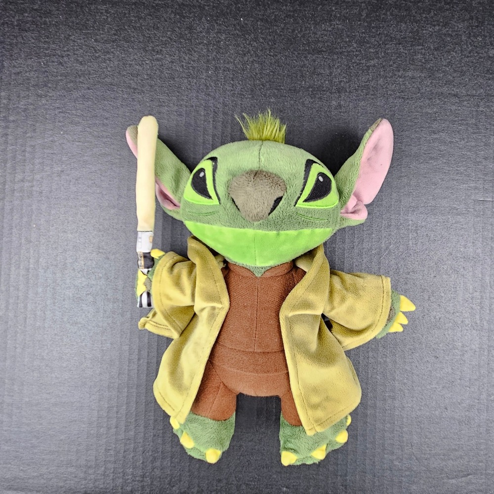 Disney Parks Stitch as Yoda Star Wars Plush Jedi Robe Lightsaber Green Brown 10"